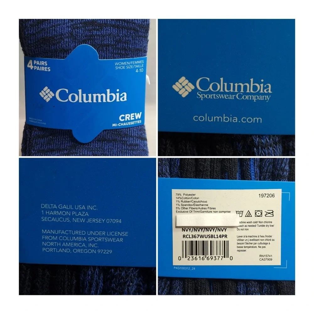 COLUMBIA 4‎ Pairs Women's Crew Socks Blue Reinforced Heel & Toe Shoe Size 4-10